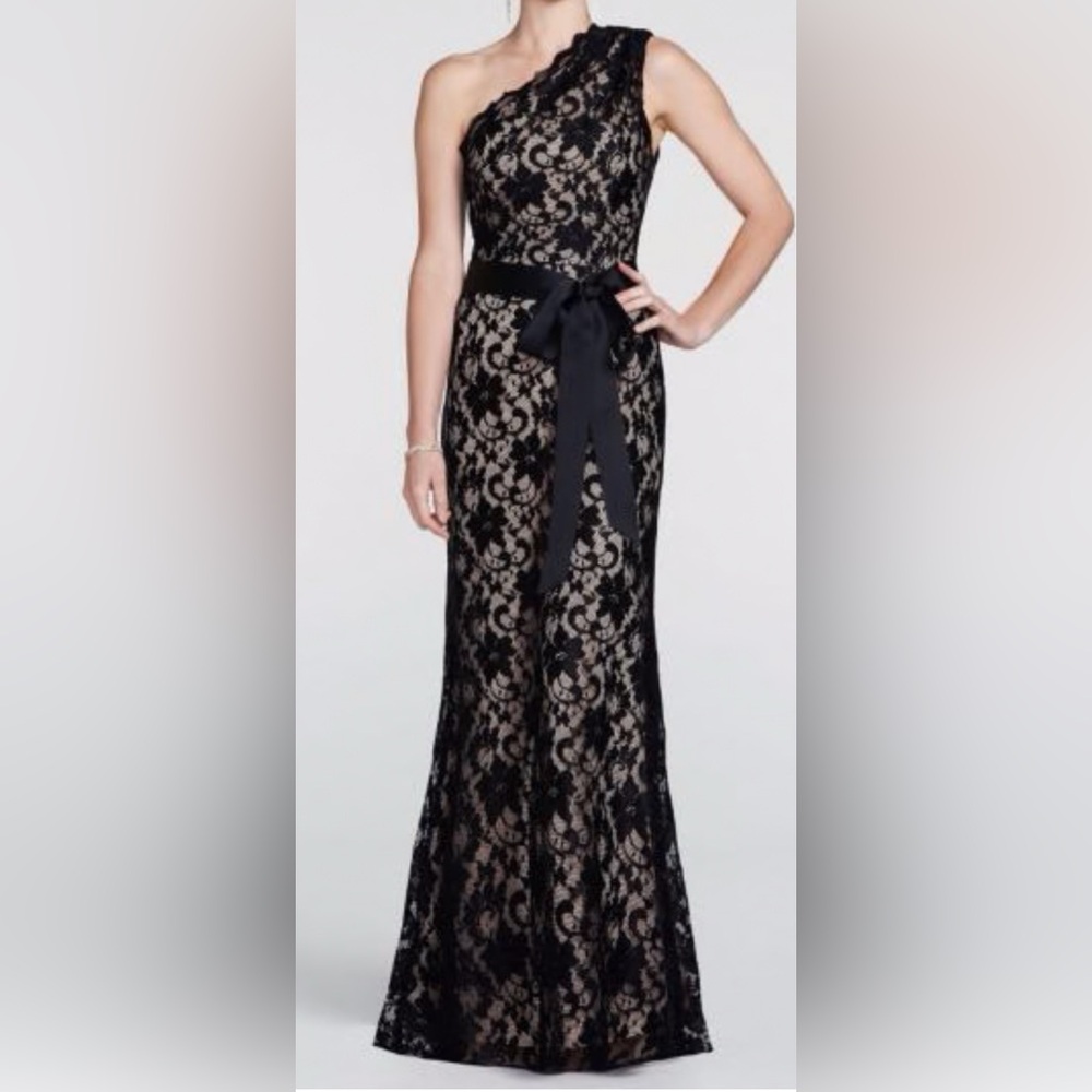 Betsy & Adam Black Lace One Shoulder Dress